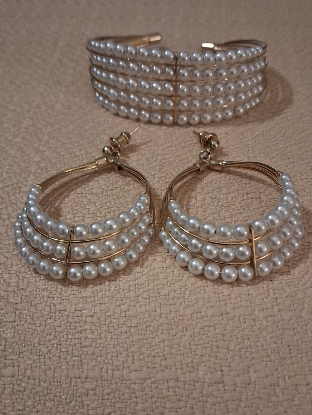 Plated Pearl Hoop Earrings and Cuff Bracelet Set